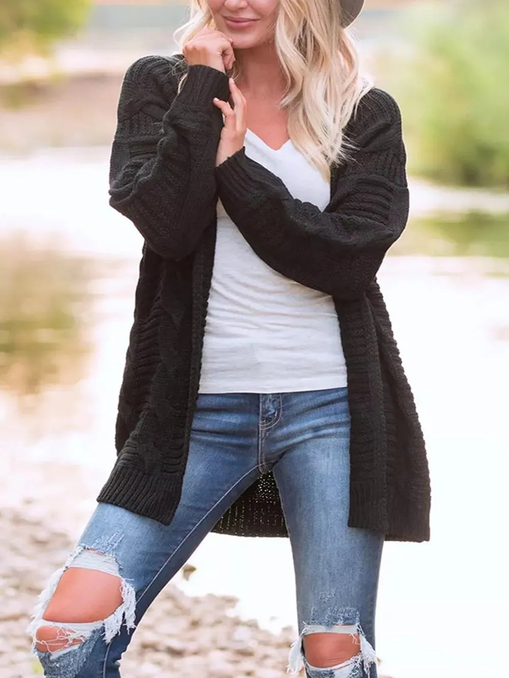 Black Cable-Knit Open Front Long Sleeve Cardigan | Cardigans Daverri Fashions