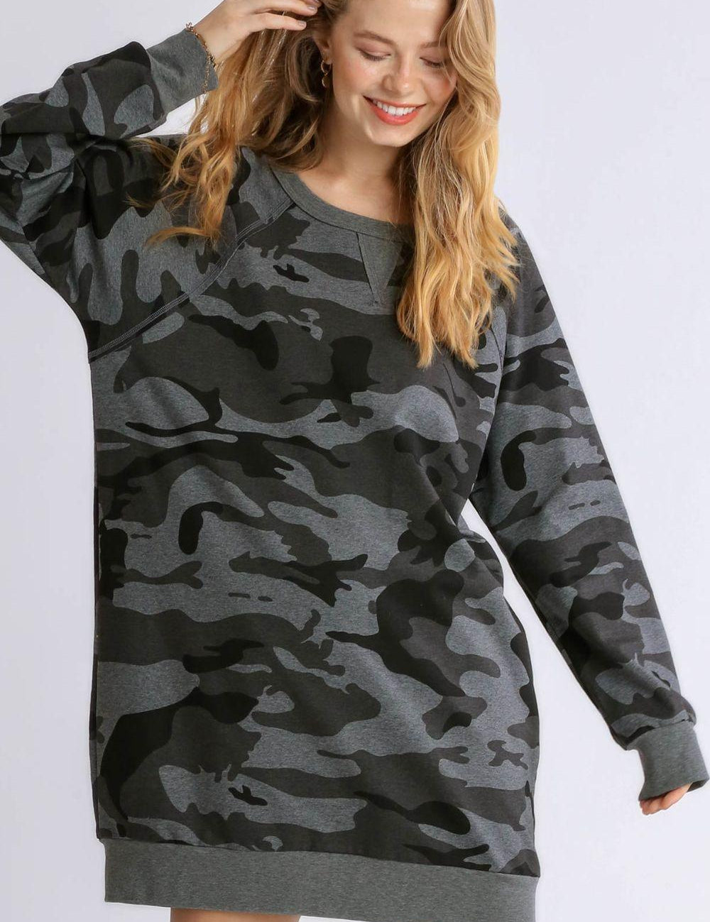 Dark Gray Umgee Full Size Camo Print Ribbed Hem French Terry Mini Dress Plus Size | Daverri Fashions