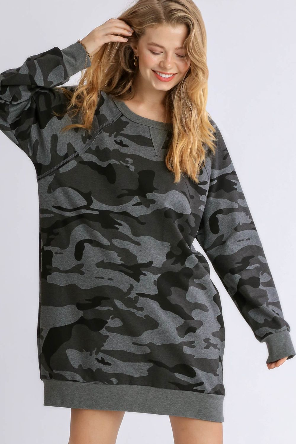 Umgee Full Size Camo Print Ribbed Hem French Terry Mini Dress Plus Size Dark Gray