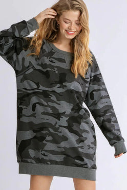 Umgee Full Size Camo Print Ribbed Hem French Terry Mini Dress Plus Size - DAVERRI FASHIONS