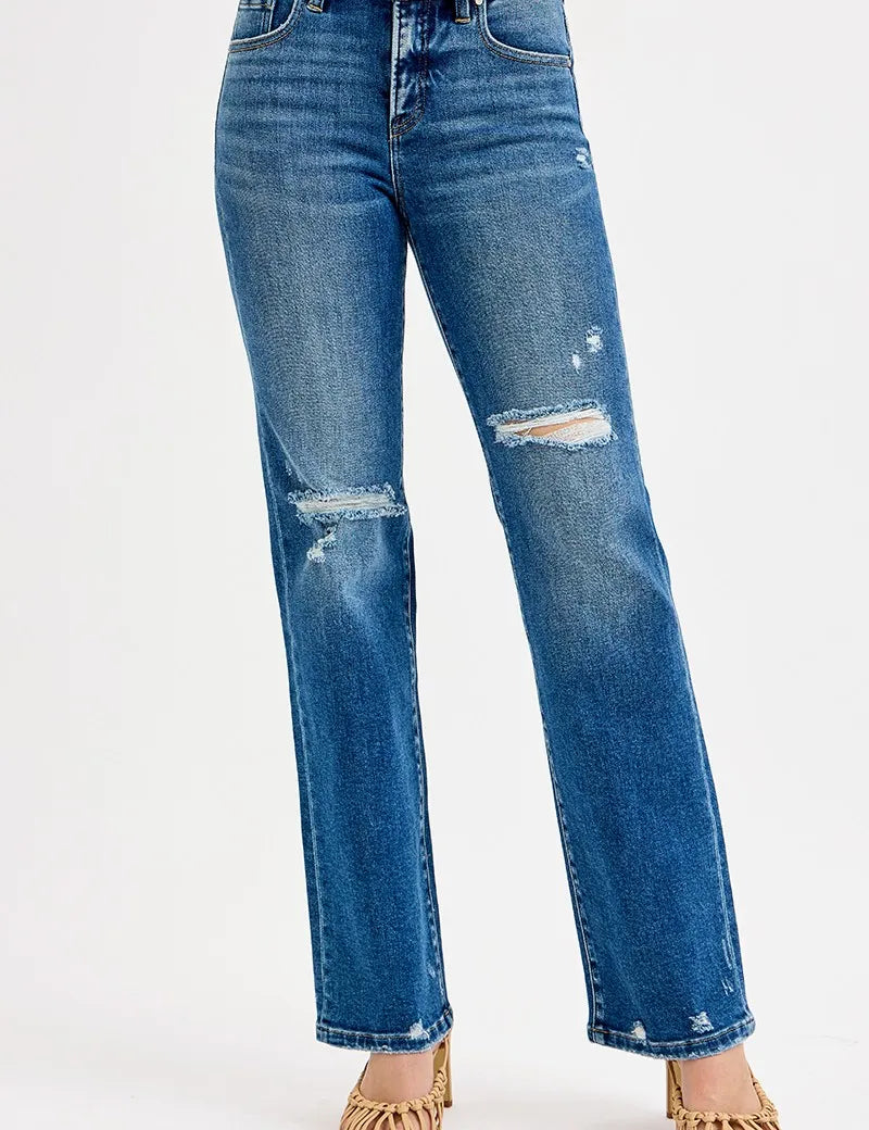 DARK RISEN Full Size Tummy Control High Rise Straight Distressed Jeans Plus Size | Jeans Daverri Fashions