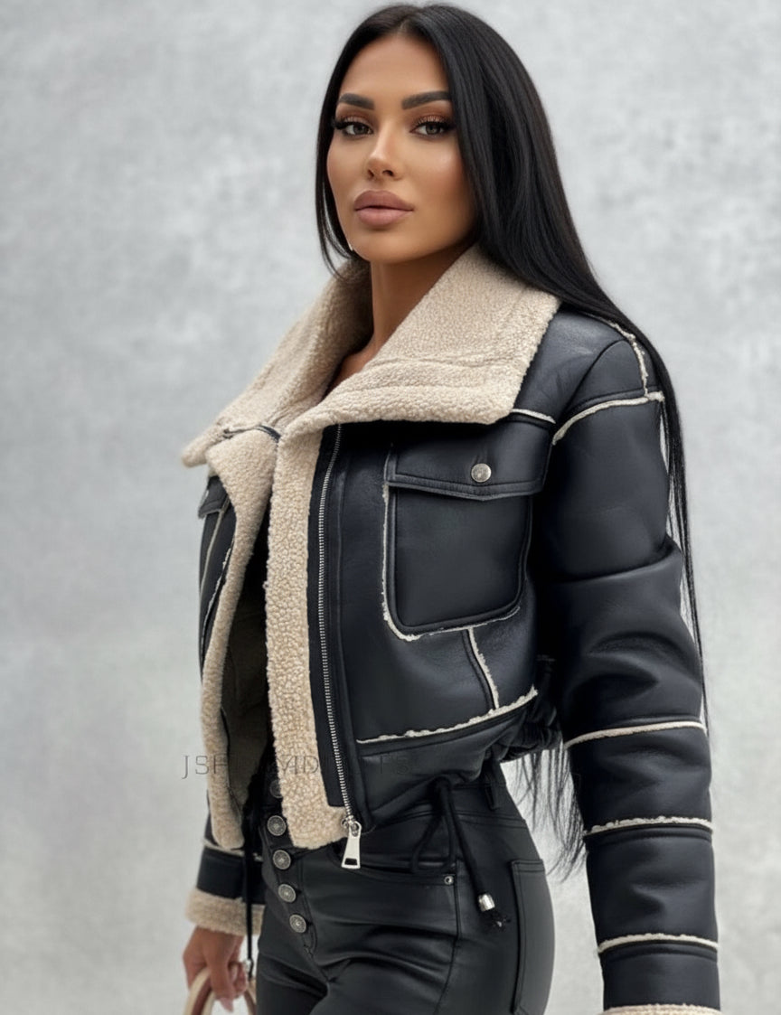 Sherpa Trim Cropped Jacket | Outerwear Daverri Fashions