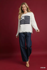 Umgee Distressed American Flag Sweater Cream | Sweaters Daverri Fashions