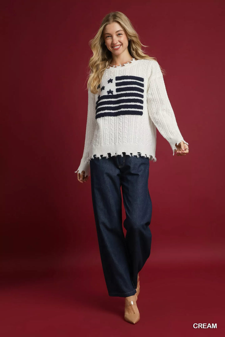 Umgee Distressed American Flag Sweater Cream | Sweaters Daverri Fashions