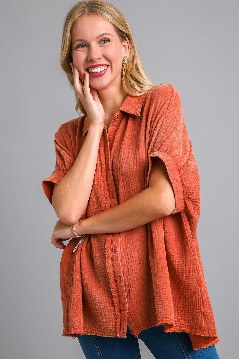 Umgee Full Size Cotton Gauze Mineral Wash Button Down Shirt Plus Size Orange-Red
