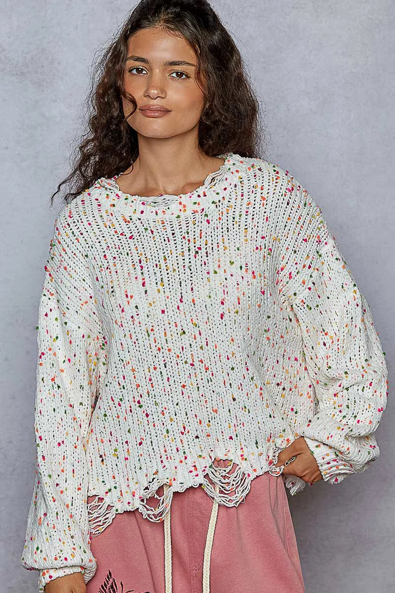 POL Round Neck Fringed Hem Sweater | Sweaters Daverri Fashions