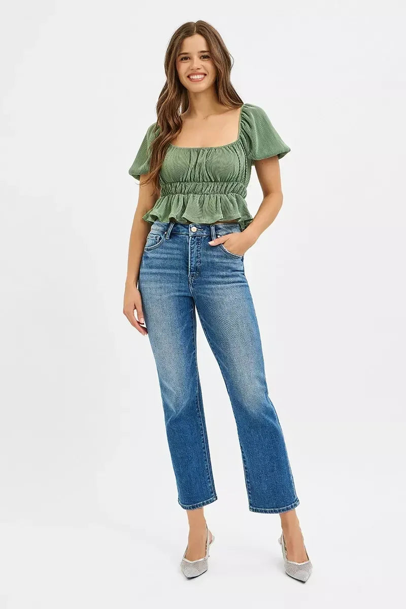 RISEN Tummy Control High Rise Crop Straight Jeans - DAVERRI FASHIONS