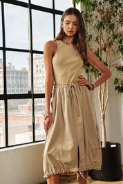 Tan L ADORA Drawstring Sleeveless Washed Dress | Midi Dresses Daverri Fashions