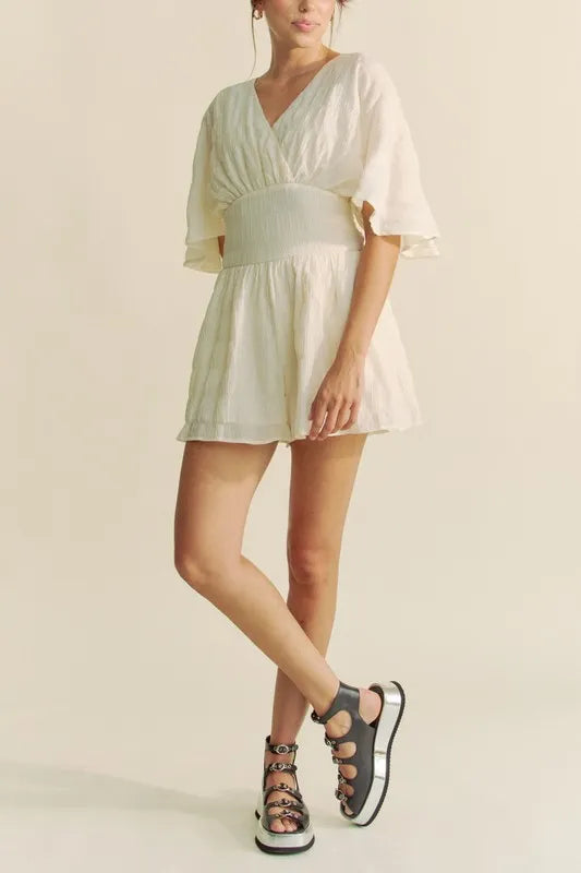 Davi & Dani Batwing Sleeve Waist Belt Romper | Rompers Daverri Fashions