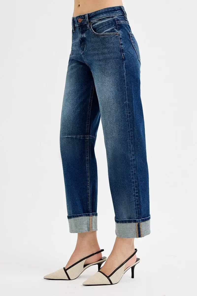 RISEN Slouchy Crop Barrel Cuffed Jeans - DAVERRI FASHIONS