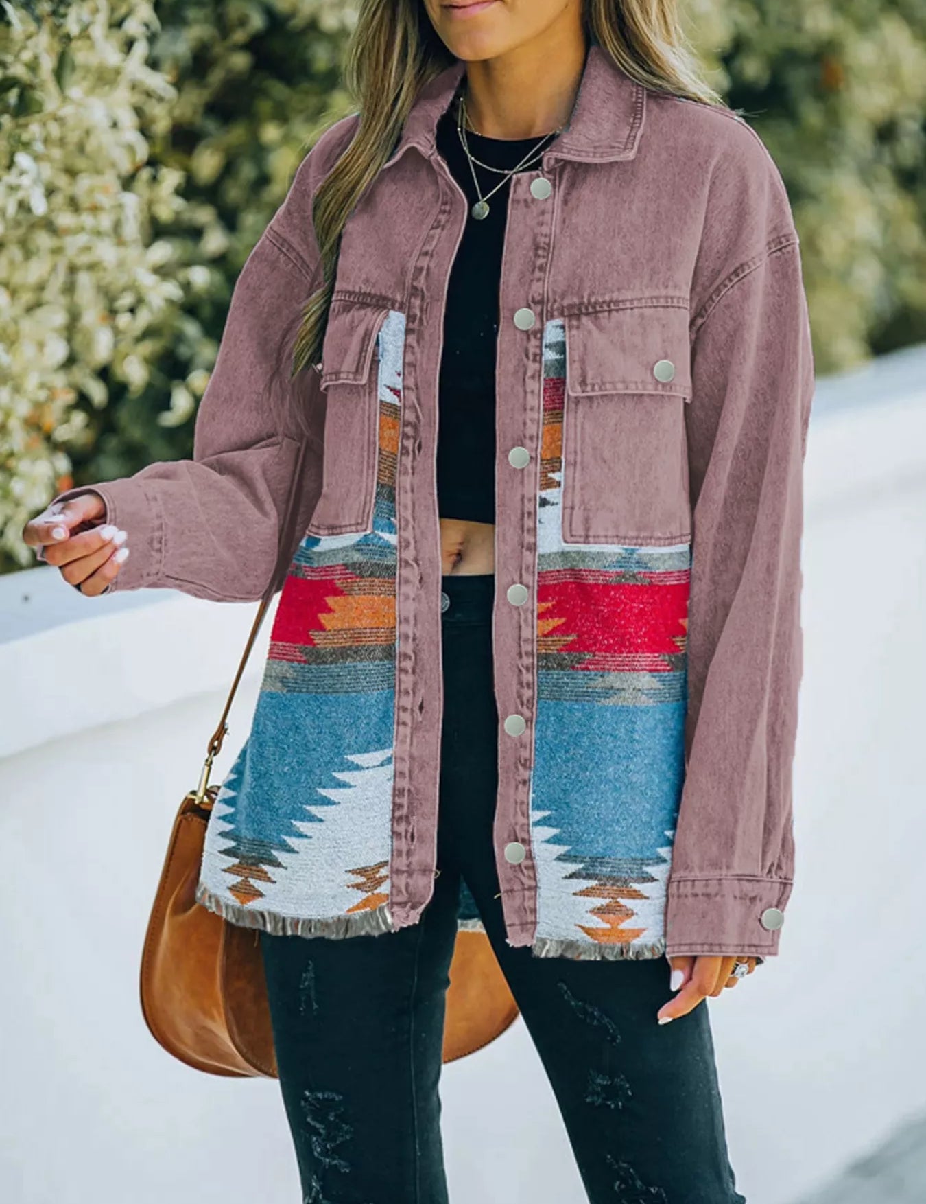 Mauve Aztec Print Button Up Jacket | Denim Jackets Daverri Fashions