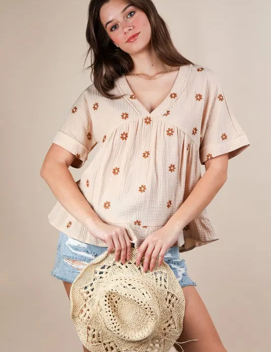 VERY J Flower Embroidered Woven Blouse | Blouses Daverri Fashions