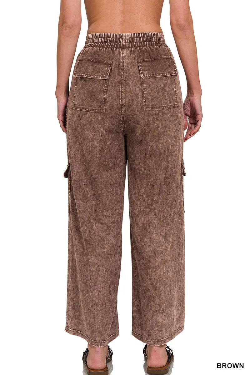 Zenana Washed Linen Elastic Band Waist Cargo Pants | Pants Daverri Fashions