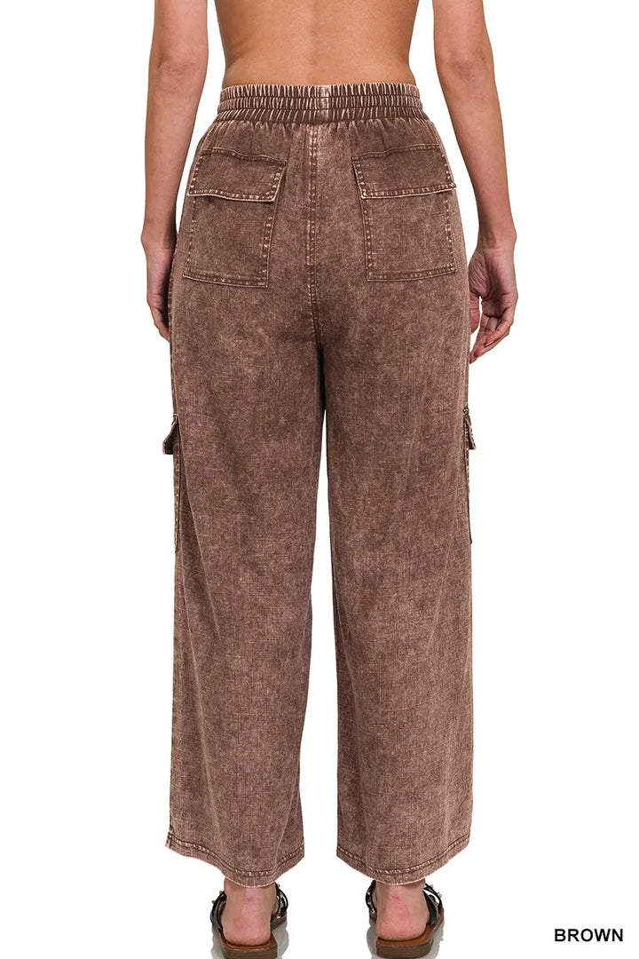Zenana Washed Linen Elastic Band Waist Cargo Pants | Pants Daverri Fashions