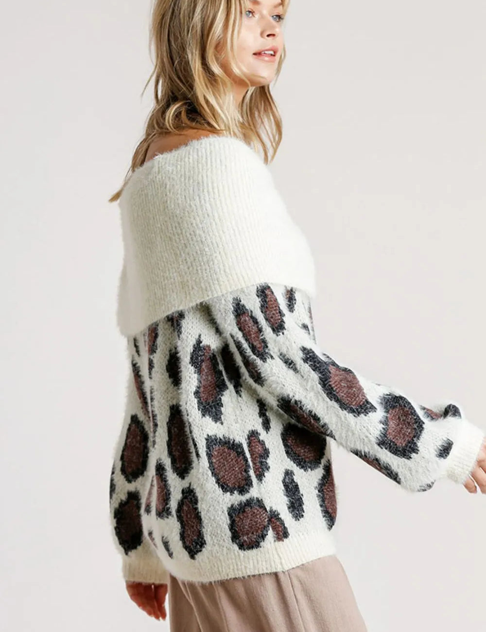 Umgee Plus Size Leopard Off-Shoulder Long Sleeve Sweater | Sweaters Daverri Fashions