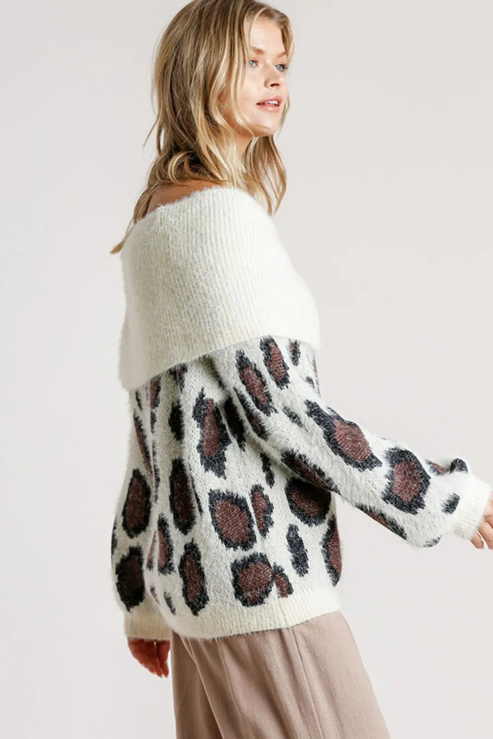 Umgee Plus Size Leopard Off-Shoulder Long Sleeve Sweater | Sweaters Daverri Fashions