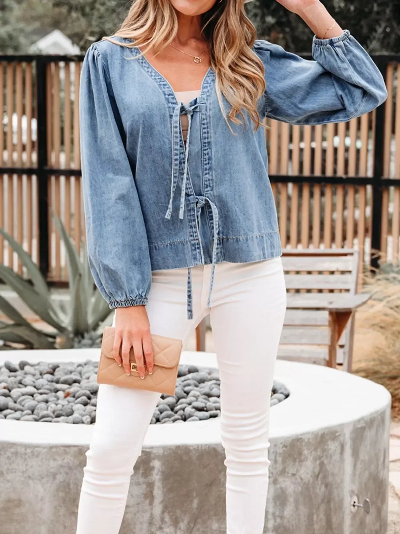 Tied Front Puff Sleeve Denim Top - DAVERRI FASHIONS