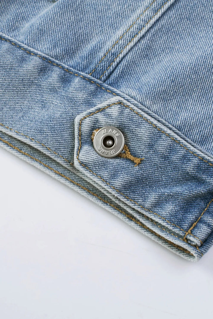 Sequin Fringe Trim Distressed Button Up Denim Jacket | Denim Jackets Daverri Fashions