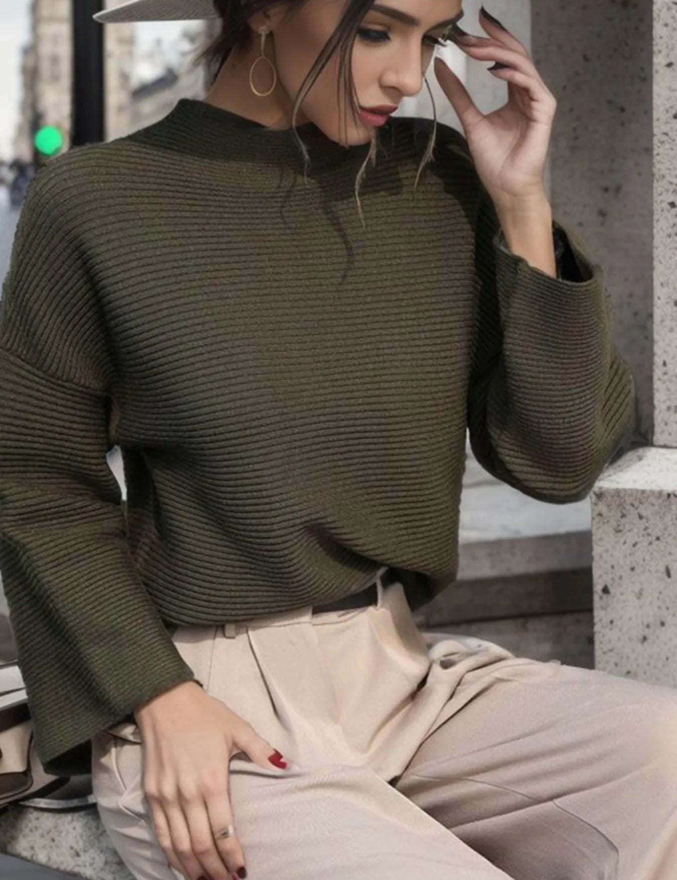 Mock Neck Drop Shoulder Knit Top | Knit Tops Daverri Fashions