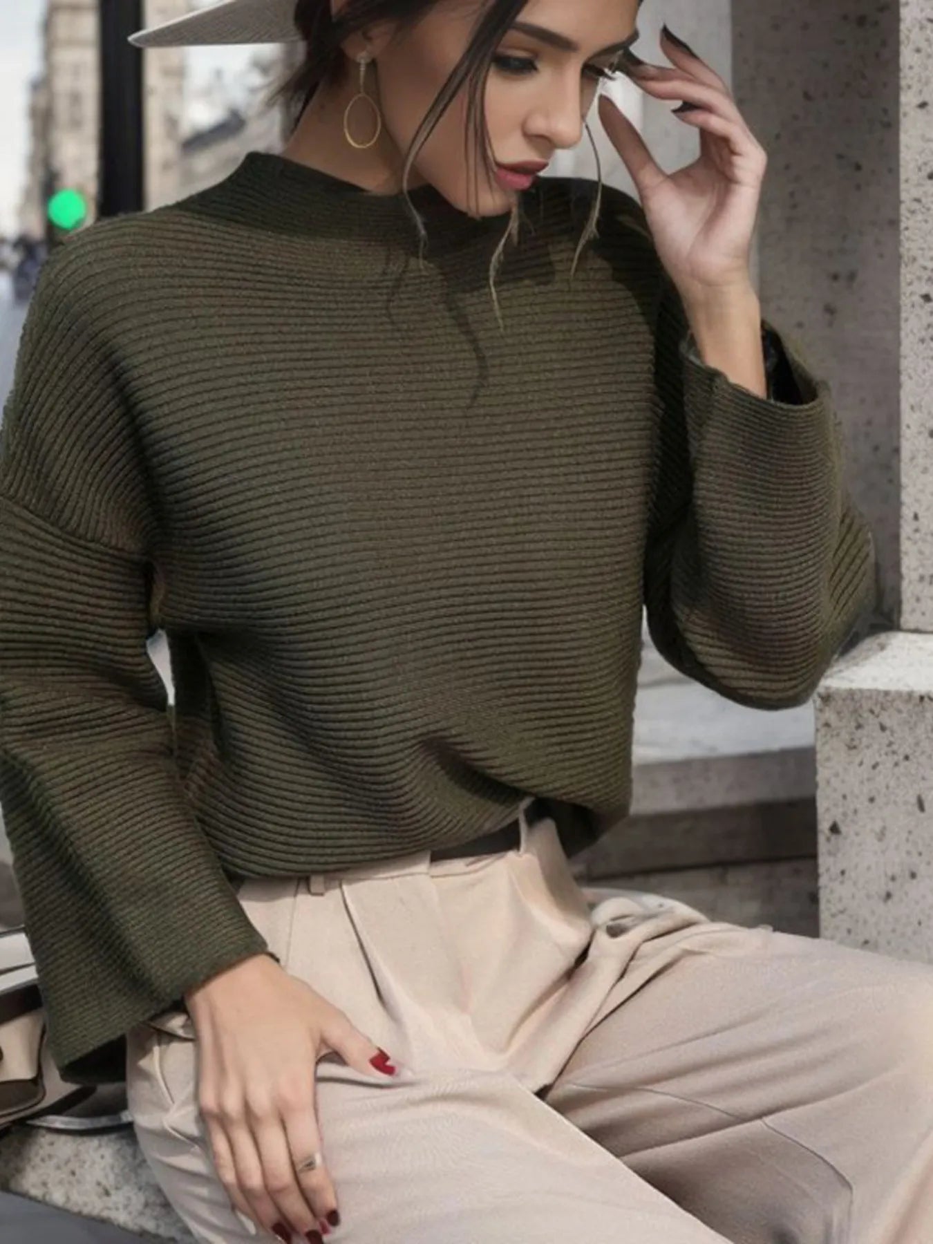 Mock Neck Drop Shoulder Knit Top | Knit Tops Daverri Fashions