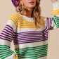 Cozy SO ME Mardi Gras striped raglan sweater in white, purple, yellow, green