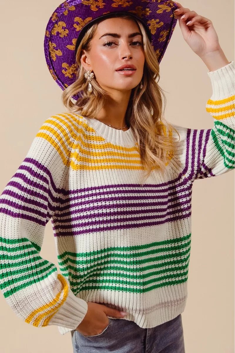 Cozy SO ME Mardi Gras striped raglan sweater in white, purple, yellow, green