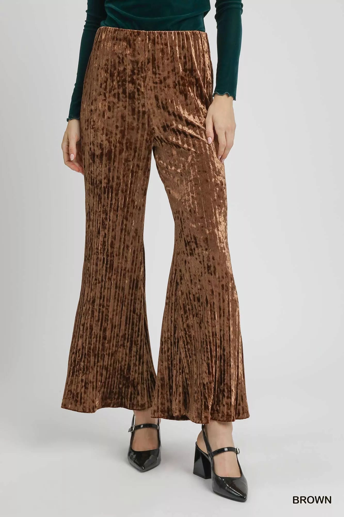 Brown Umgee Velvet Pleated Wide Leg Pants | Pants Daverri Fashions