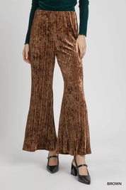 Brown Umgee Velvet Pleated Wide Leg Pants | Pants Daverri Fashions