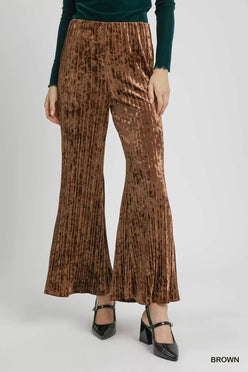 Umgee Velvet Pleated Wide Leg Pants - DAVERRI FASHIONS