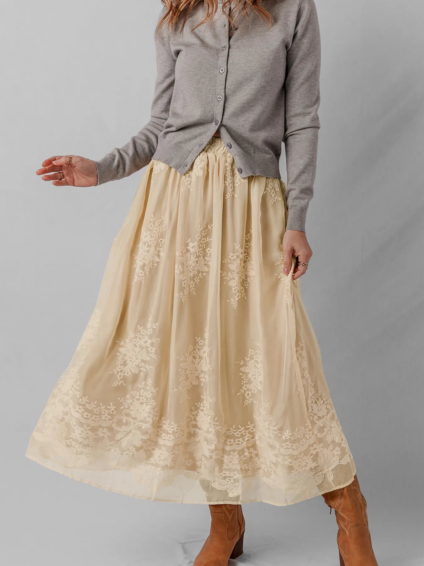 Oatmeal Embroidered Mesh Overlay Flowy Midi Skirt | Skirts Daverri Fashions