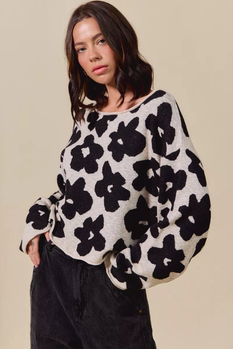 Cozy off-white SO ME loose fit flower lightweight sweater top with black floral patterns and puffy sleeves