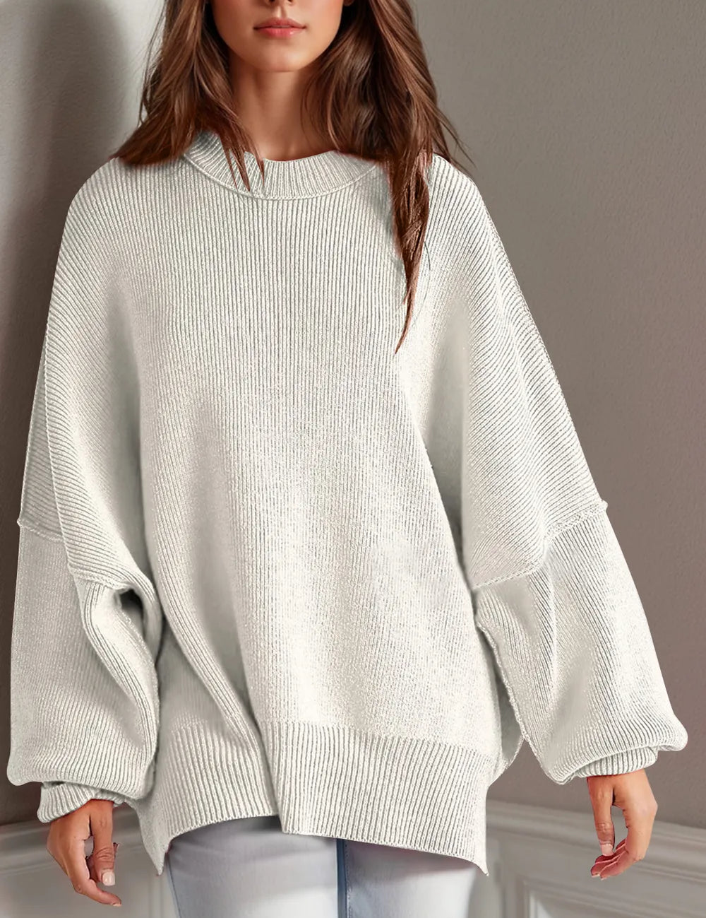 White Side Slit Round Neck Long Sleeve Sweater | Sweaters Daverri Fashions