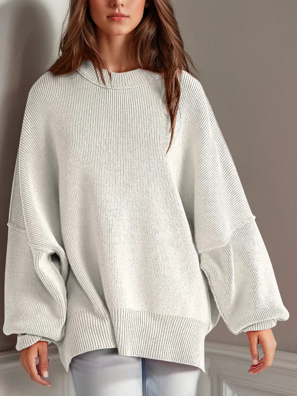 White Side Slit Round Neck Long Sleeve Sweater | Sweaters Daverri Fashions