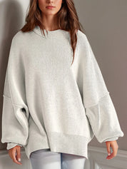 White Side Slit Round Neck Long Sleeve Sweater | Sweaters Daverri Fashions