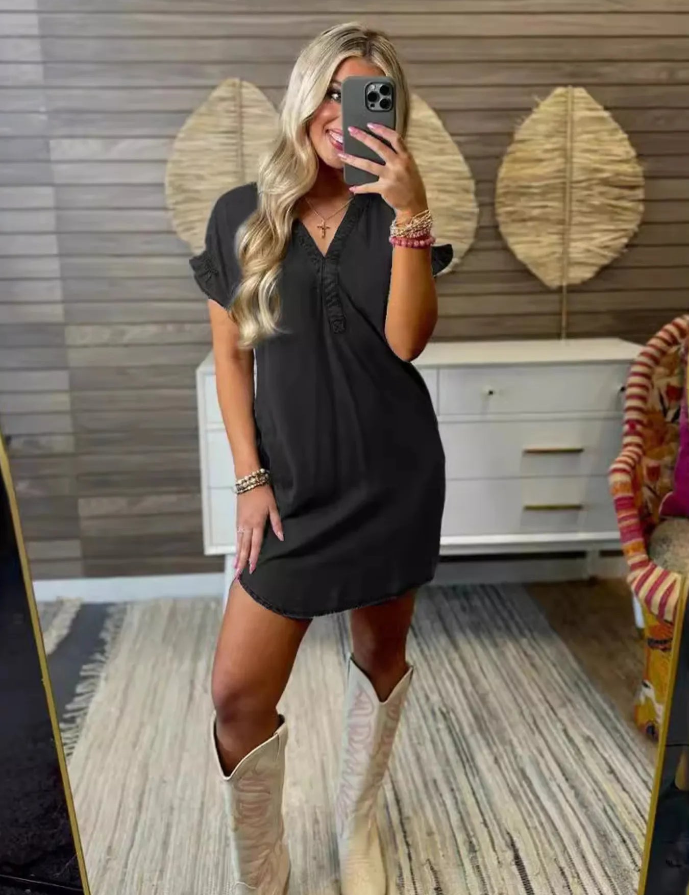 Black Full Size V-Neck Short Sleeve Denim Dress Plus Size | Daverri Fashions