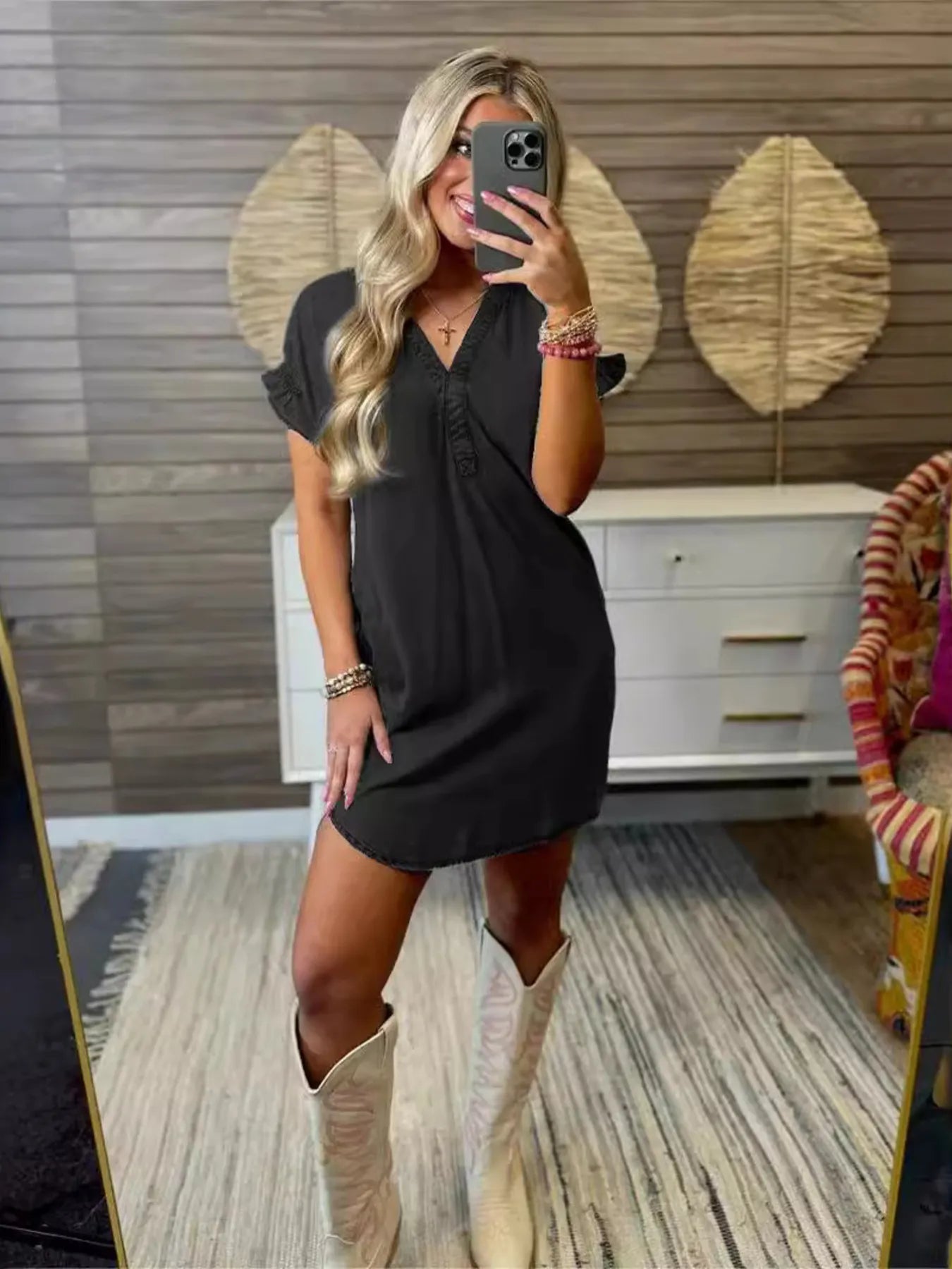 Black Full Size V-Neck Short Sleeve Denim Dress Plus Size | Daverri Fashions