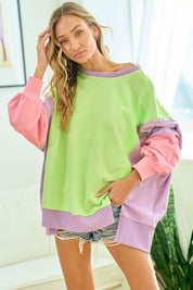 First Love Color Block Long Sleeve Slit Sweatshirt Tops