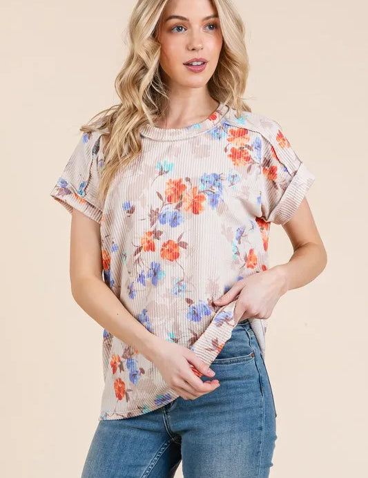 AS SHOWN BOMBOM Floral Round Neck RIbbed T-Shirt | Daverri Fashions