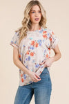 BOMBOM Floral Round Neck RIbbed T-Shirt - DAVERRI FASHIONS