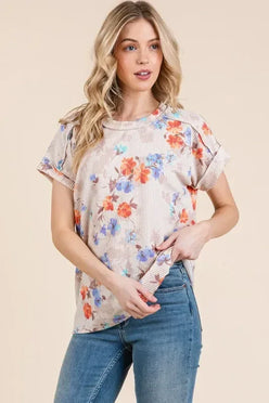 BOMBOM Floral Round Neck RIbbed T-Shirt - DAVERRI FASHIONS