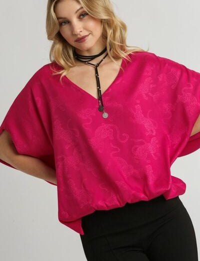 Umgee Full Size Satin Animal Print Jacquard Top Plus Size Deep Rose Tops