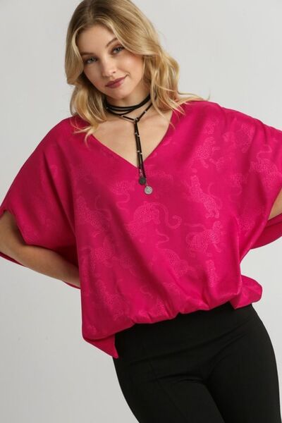 Umgee Full Size Satin Animal Print Jacquard Top Plus Size Deep Rose Tops