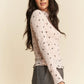 Davi & Dani light pink long-sleeve mesh top with black floral lace hem