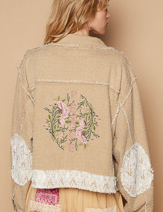 POL Crochet Patch Embroidered Button Up Jacket