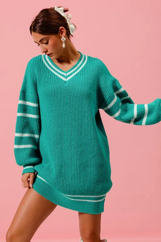 SO ME Loose V Neck Sweater Dress with Striped Sleeves