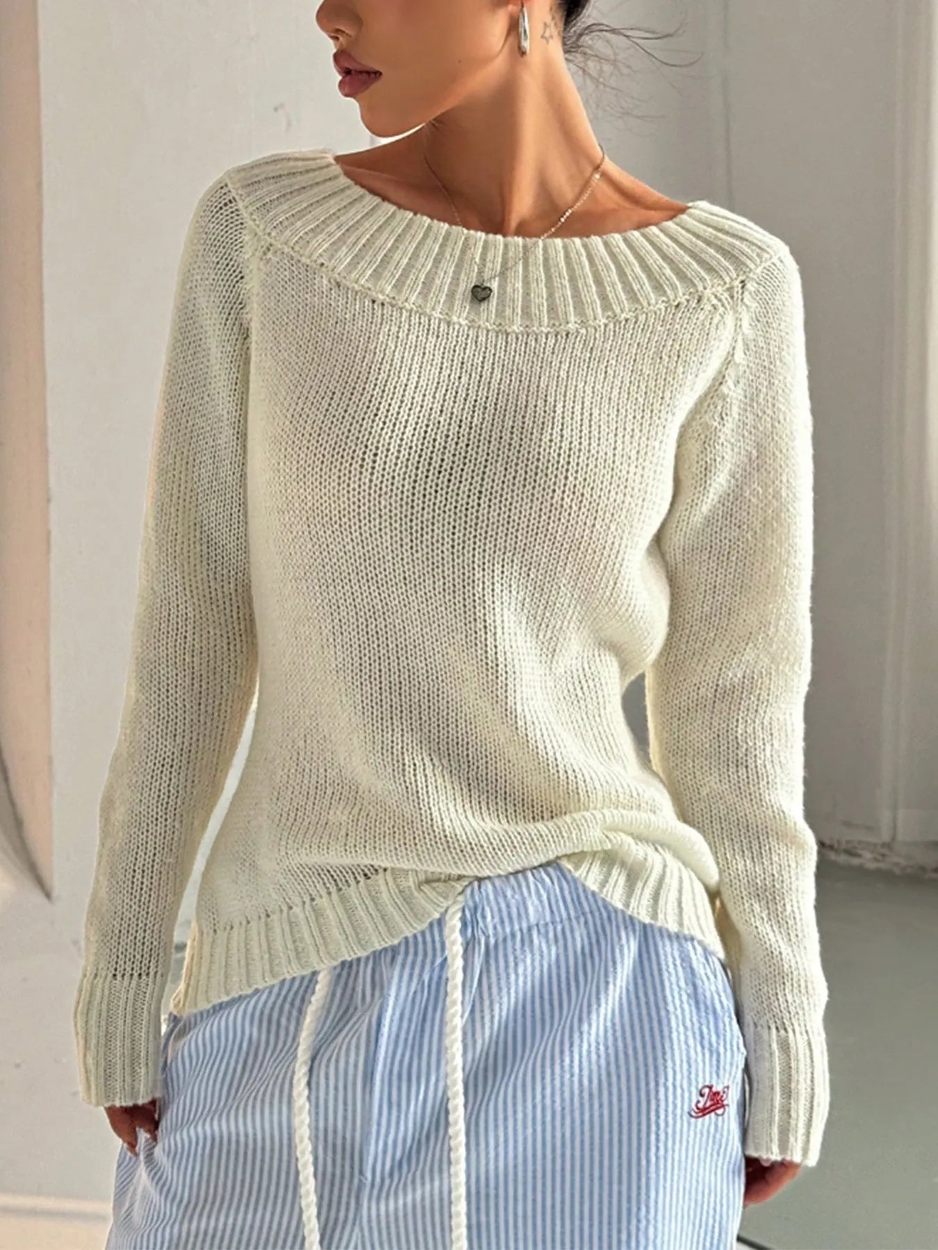Ribbed Knit Boat Neck Sweater | Sweaters Daverri Fashions