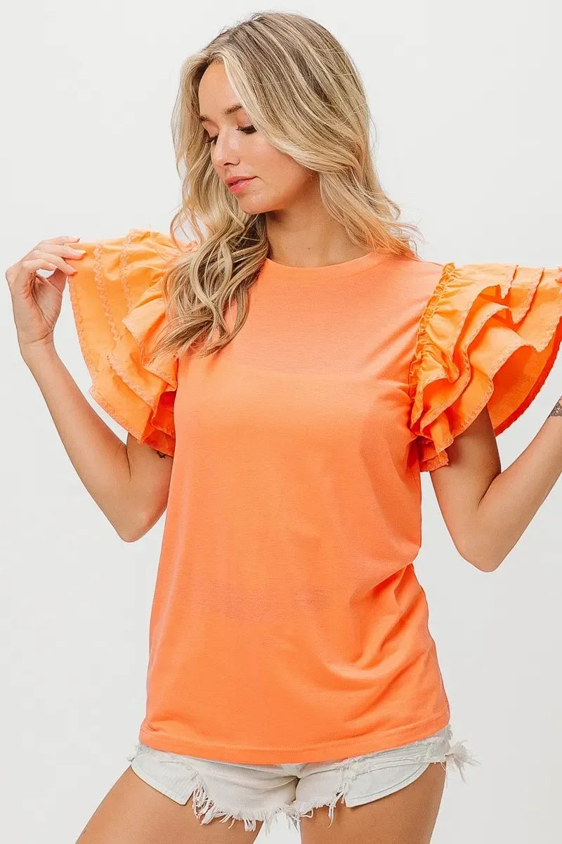 BiBi Knit Top Woven Ruffle Tiered Sleeves - DAVERRI FASHIONS