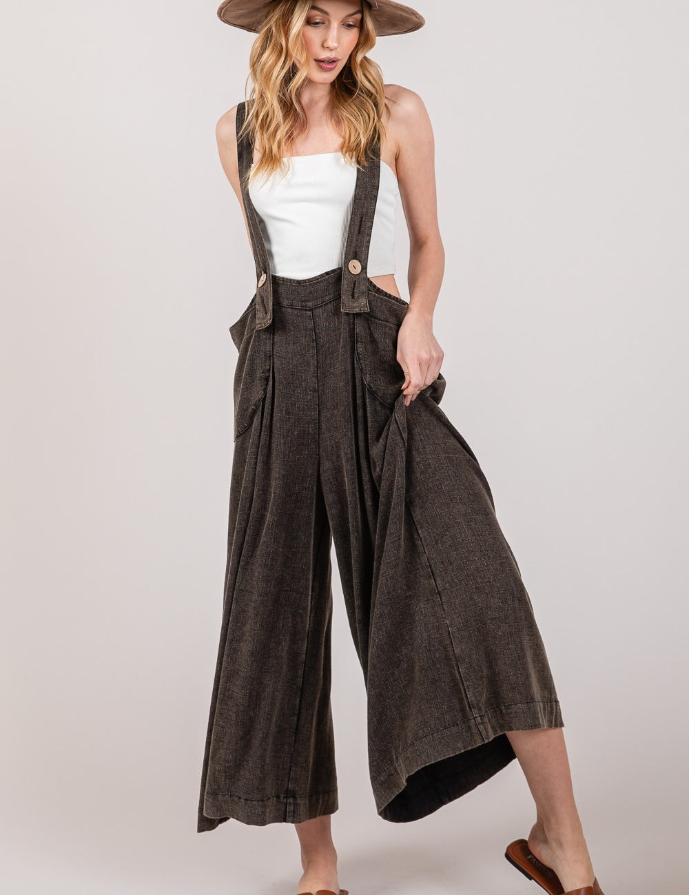 SAGE + FIG Full Size Wide Strap Wide Leg Overalls Black