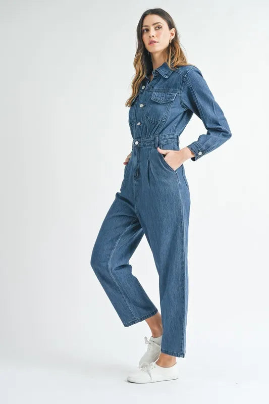MABLE Cinched Waist Straight Leg Denim Jumpsuit Jumpsuits