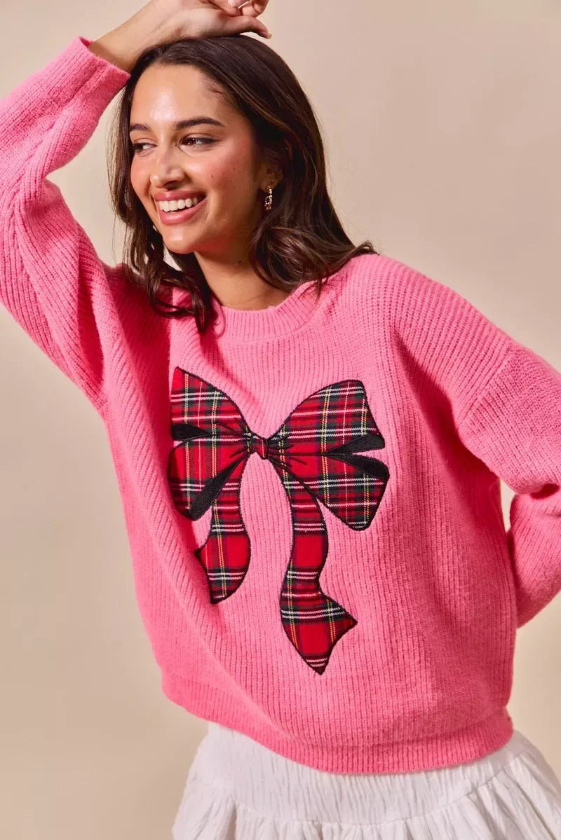 SO ME Checker Plaid Ribbon Christmas Holiday Sweater - DAVERRI FASHIONS